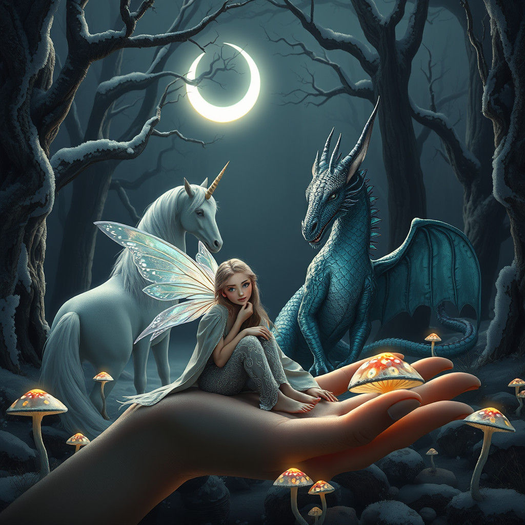 Enchanted Fairy and Elf in Winter Forest