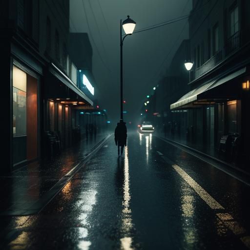 Rainy City Street in Film Noir Style