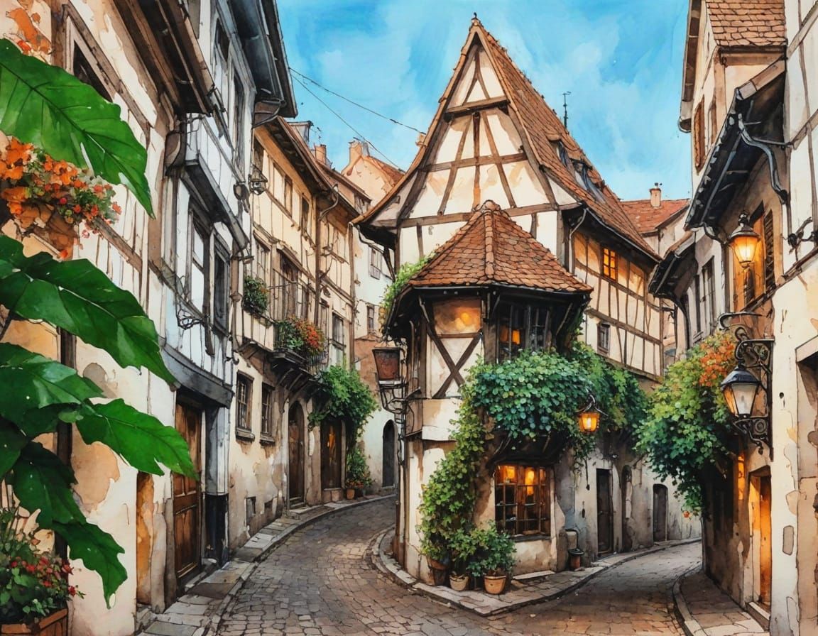 Cozy European Alley at Dusk in Steampunk Ink Style