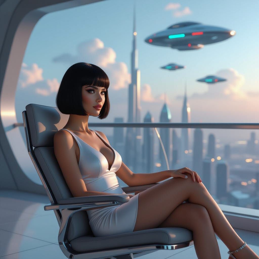 Futuristic City Woman in Cleopatra Bob, Cinematic 3D Style