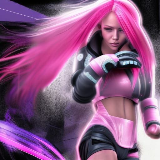 Pink-Haired Cyberpunk Boxer in Expressionist Action Painting