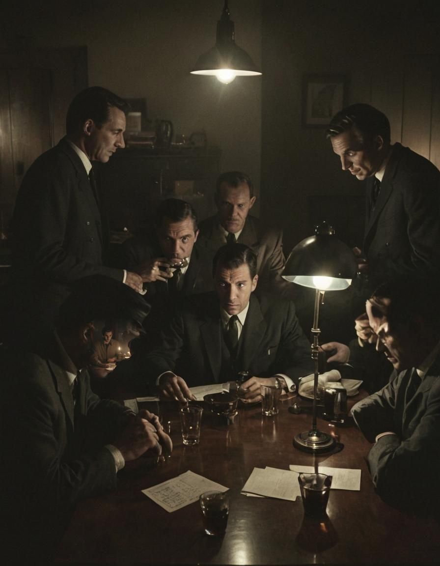 1960s Heist Planning: Cinematic Film Still