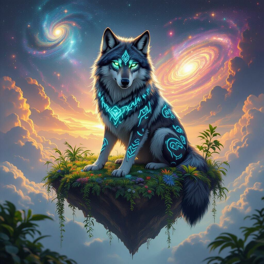 Astral Wolf on Floating Island in Space