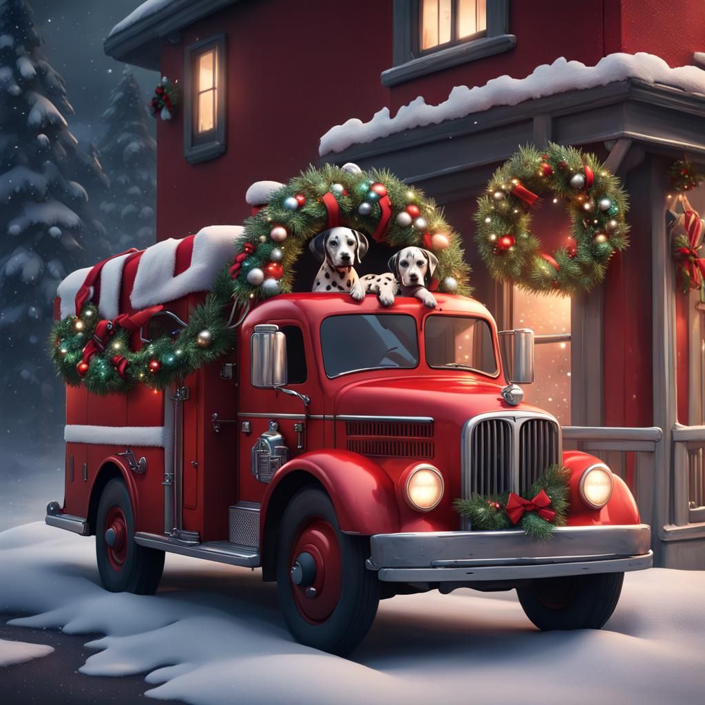 Festive Fire Truck with Dalmatian in Santa Hat