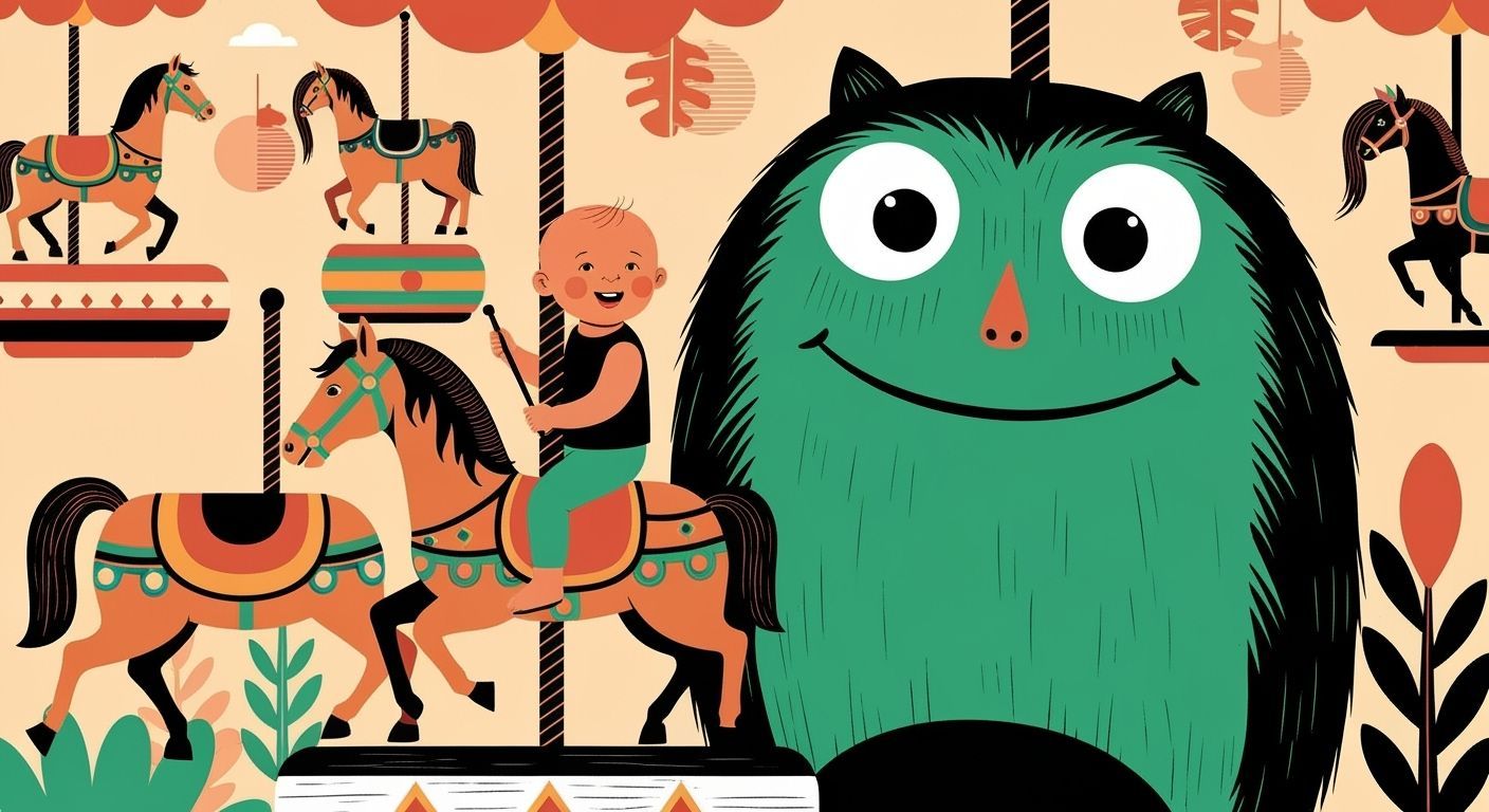 Toddler and Friendly Monster on Carousel, Linocut Style