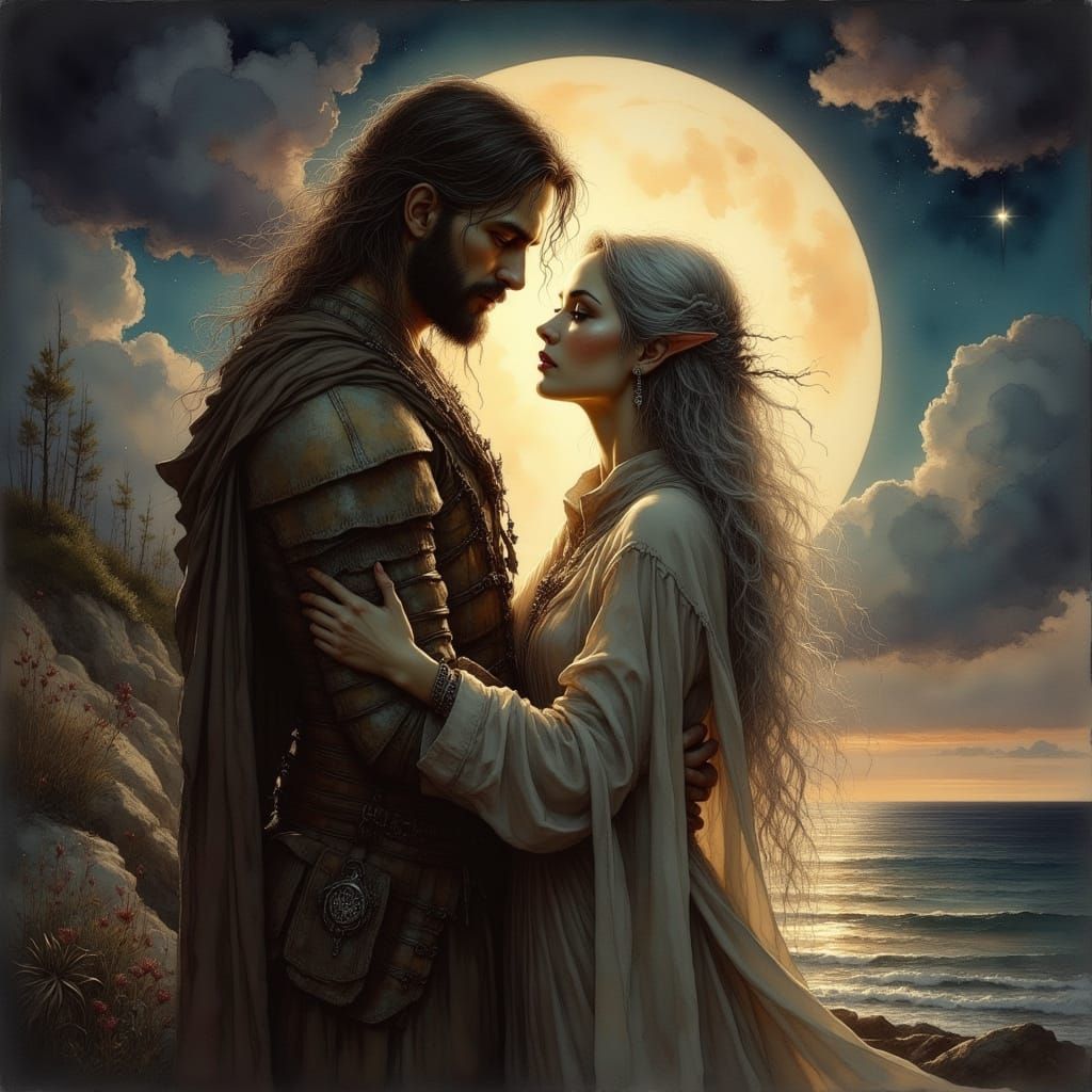 Romantic Elf and Human Embrace by the Sea