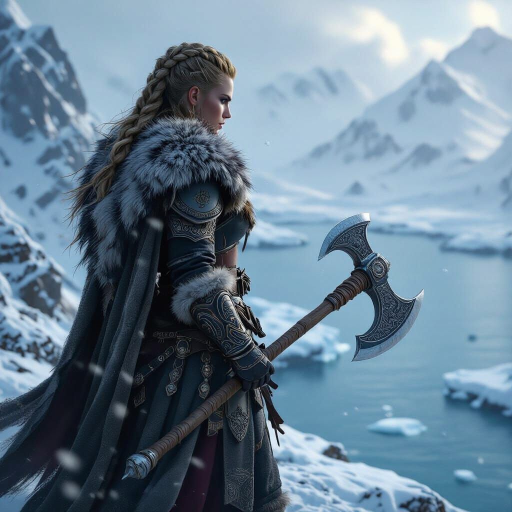 Viking Woman Overlooks Frozen Fjord in Epic Fantasy Art