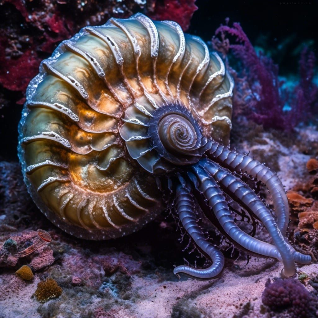 Opalescent Ammonite Kraken Rising from Abyssal Darkness
