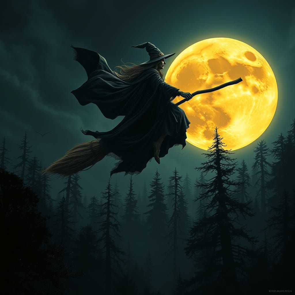 Majestic Witch Soars Through Futuristic Night Sky