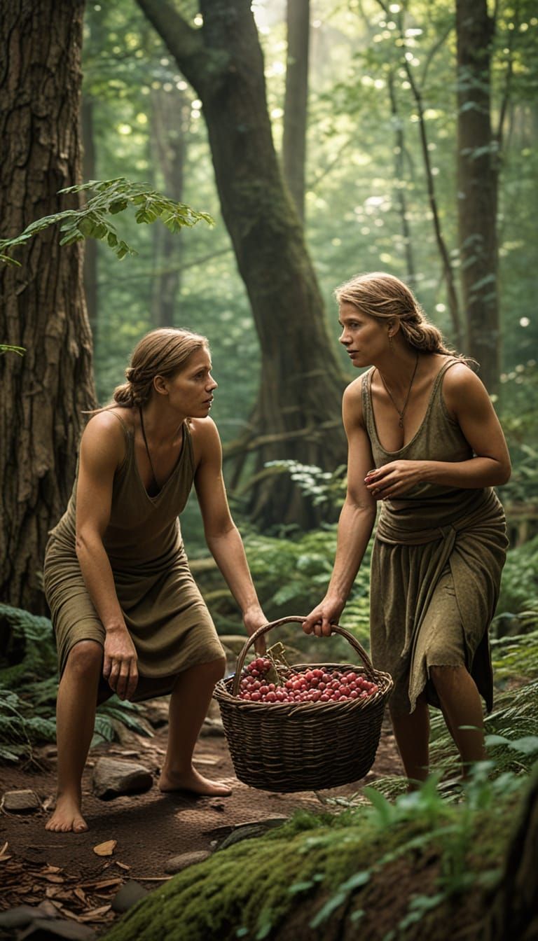 Prehistoric Neanderthal Women Gather Berries in Lush Forest