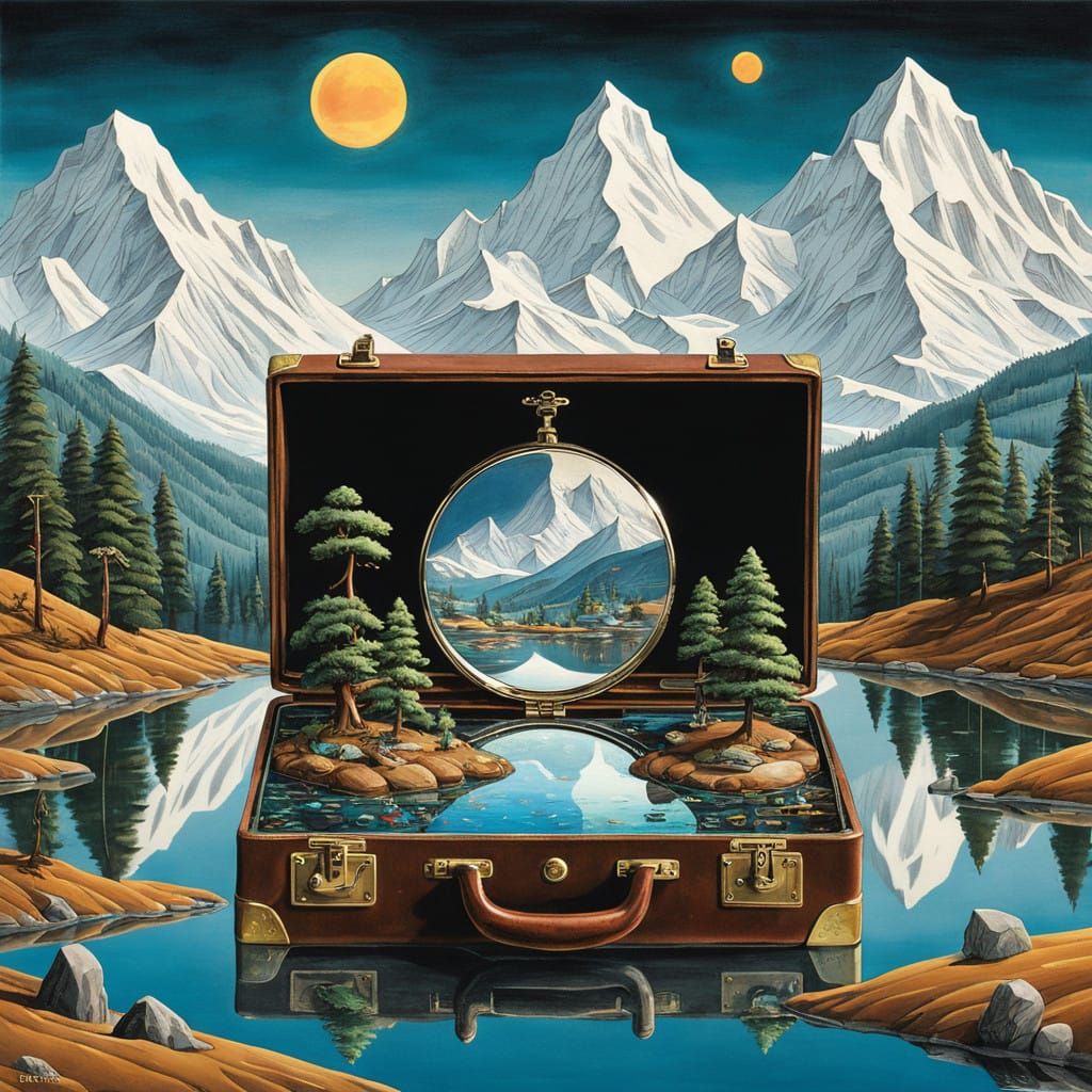 Surreal Briefcase Escape in Escher-Magritte Style