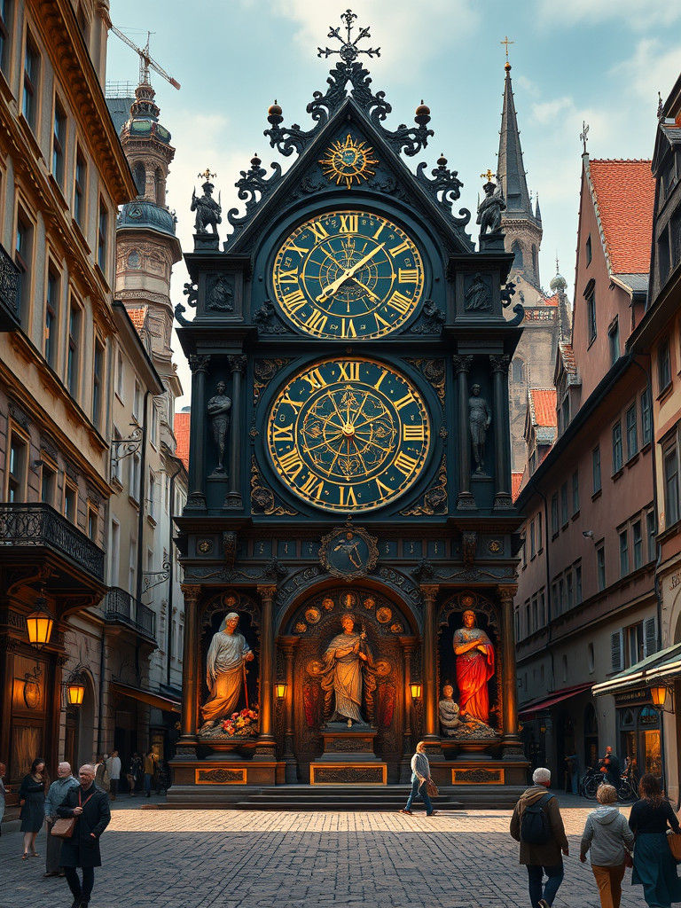 Astrological Clock of 1510 Stands Tall in a Bustling Town Square, Inspired by the Medieval Oroloj in Prague.