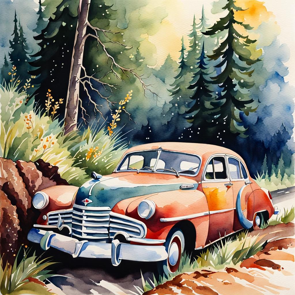 Sad Car Crash in Vivid Watercolor