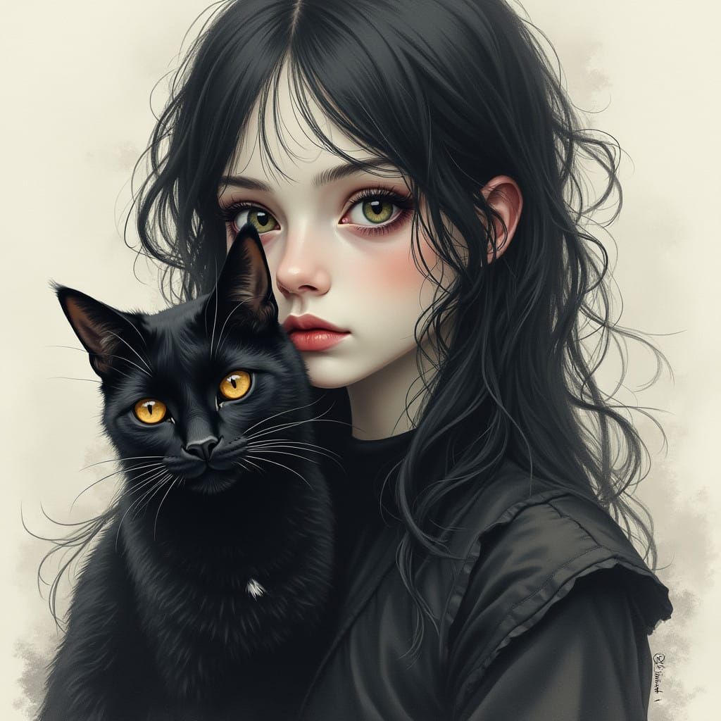 Gothic Watercolor Portrait of Girl and Black Cat
