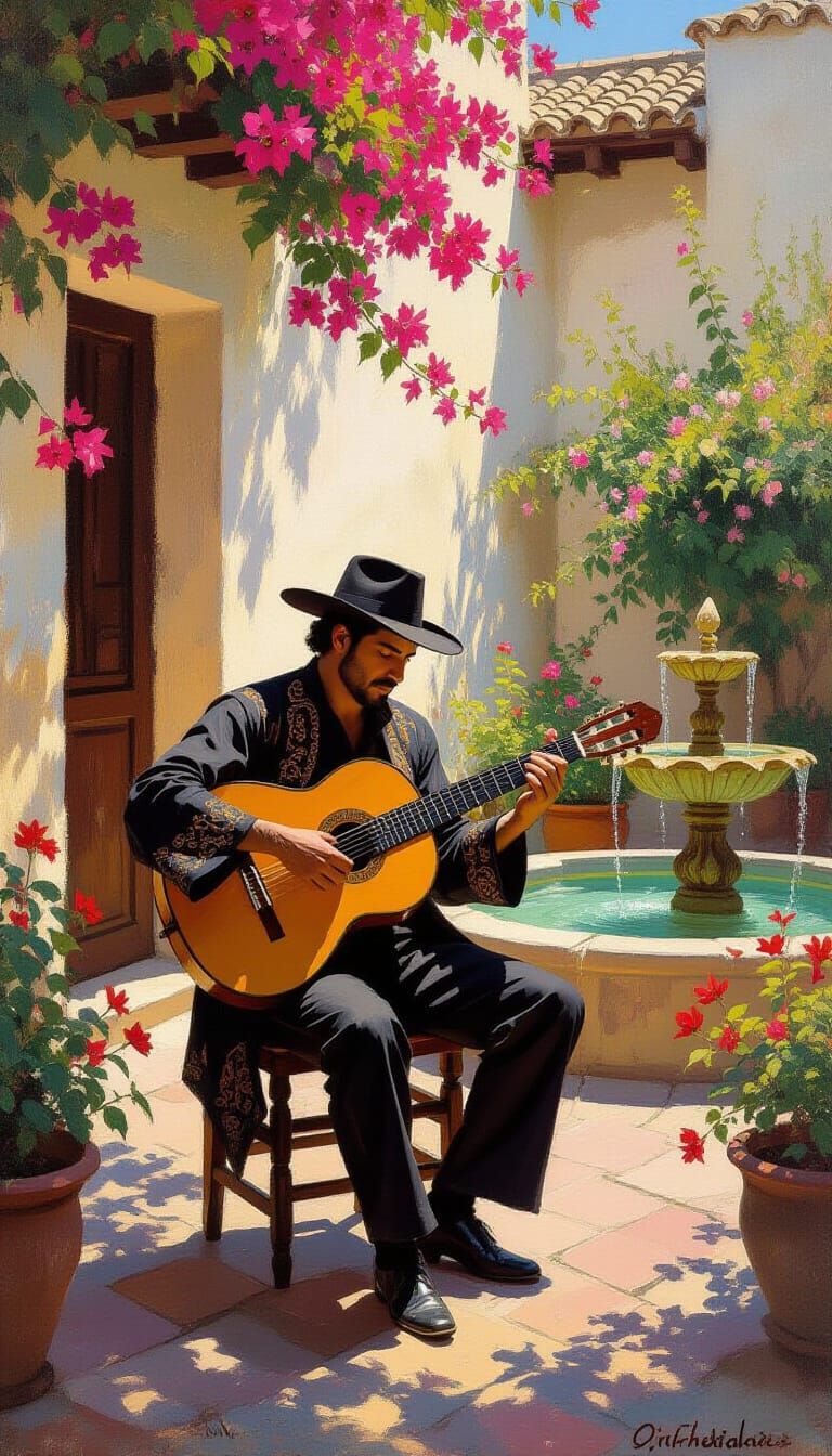 Flamenco Guitarist in Seville Courtyard, Impressionistic Sty...