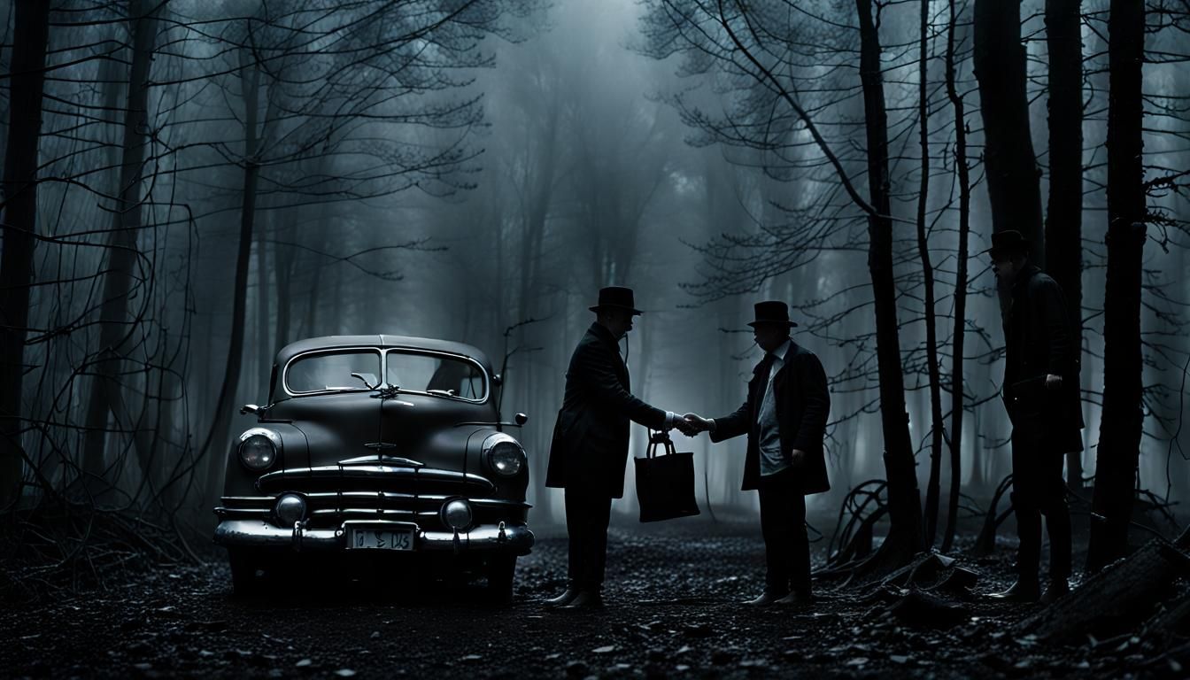 Deal by Old Car on Foggy Night