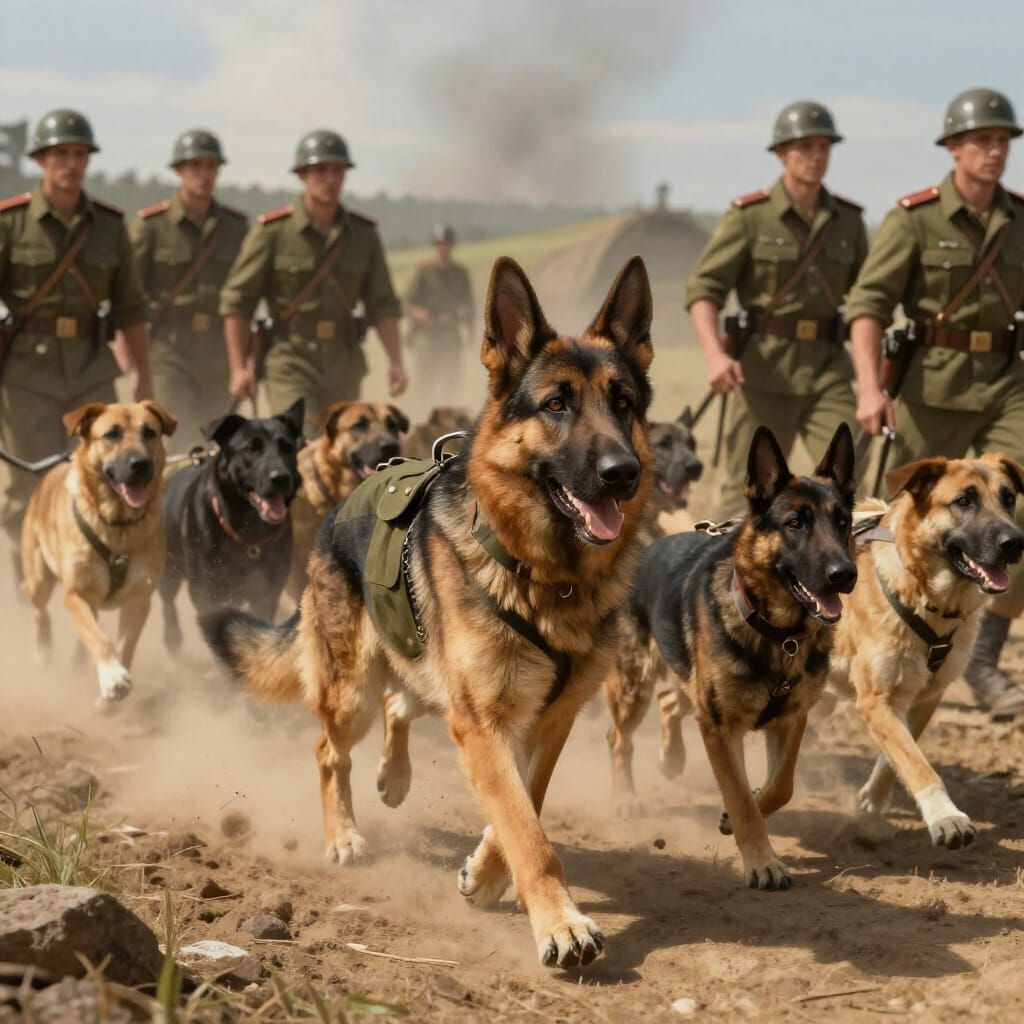Canine Soldiers Marching on Dusty Training Ground in Epic St...