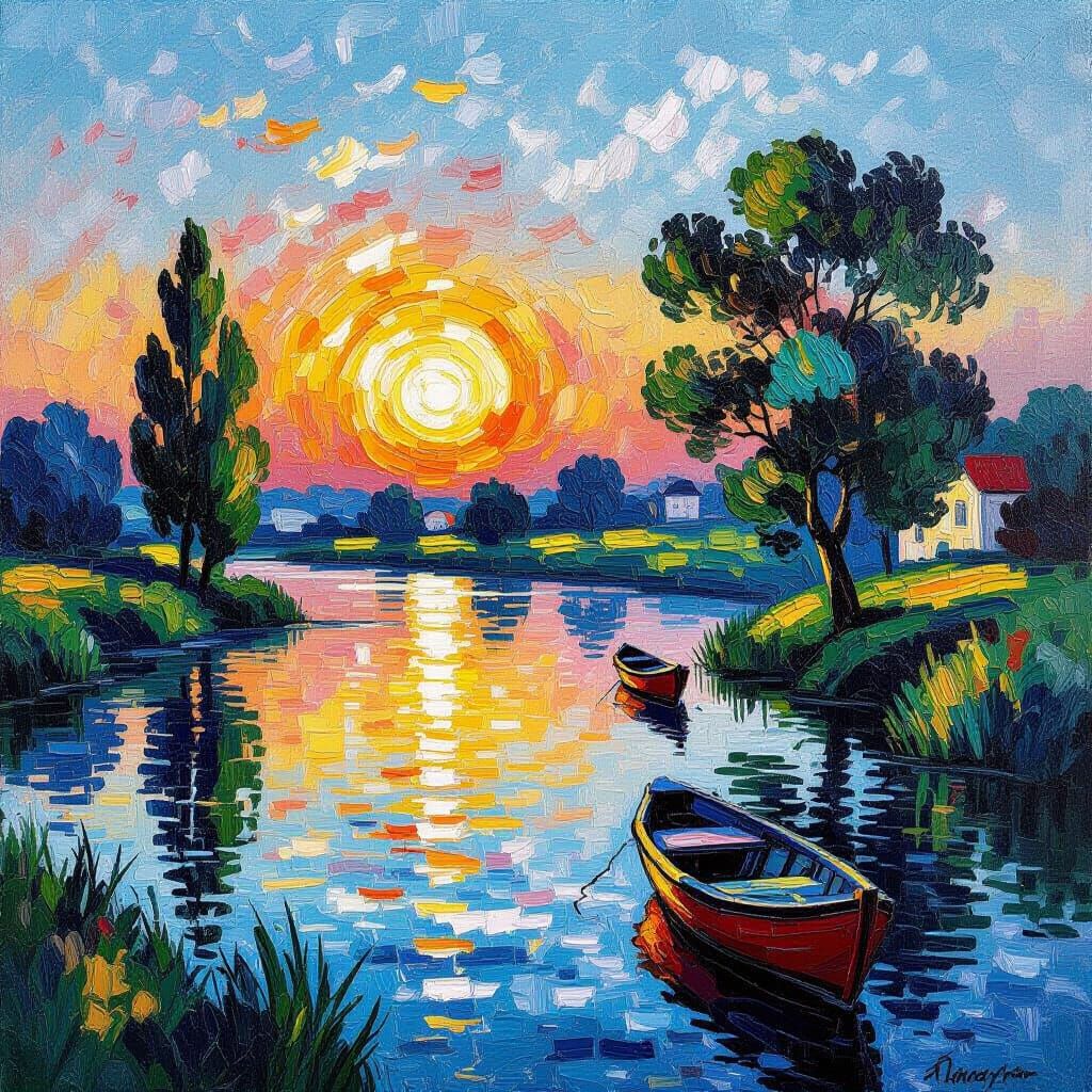 Serene Morning Oil Painting in Neo-Impressionist Style