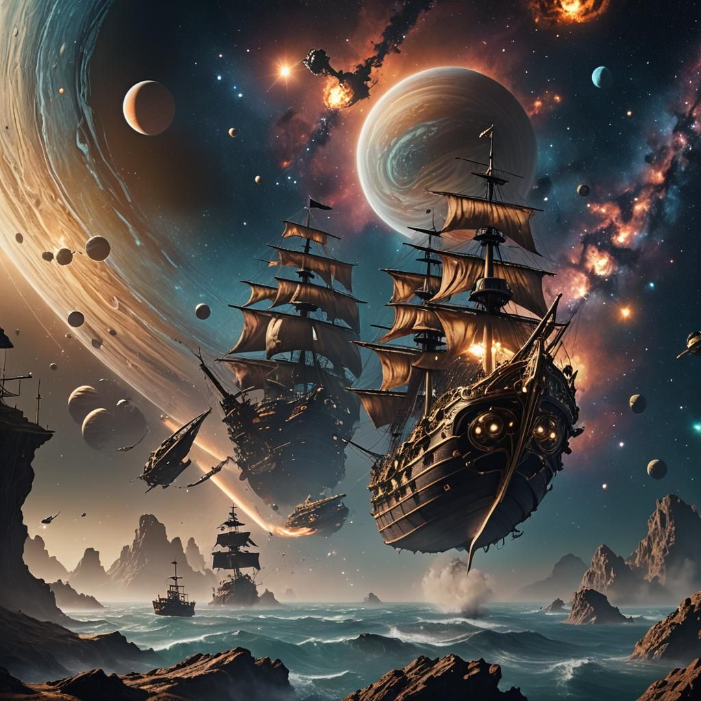 Pirate Ship Sails Past Saturn in Space