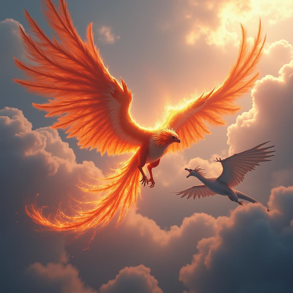 Phoenix and Dragon Battle in the Clouds