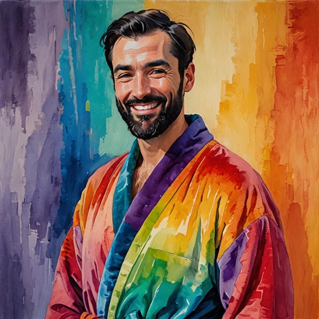 Rainbow Bathrobe Portrait in Impressionist Style