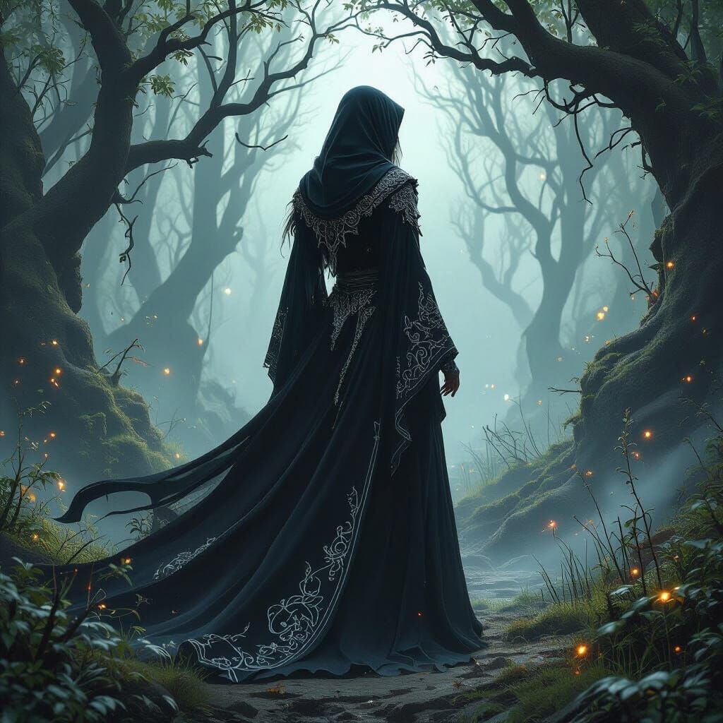 Sorceress in Mystical Forest with Arcane Energy