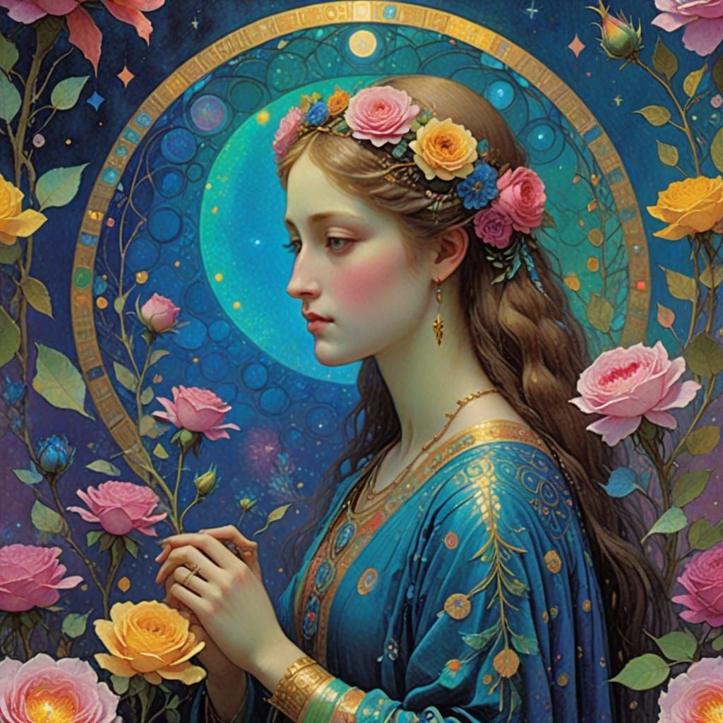 Vibrant Floral Tapestry with Iridescent Hues and Glowing Aur...