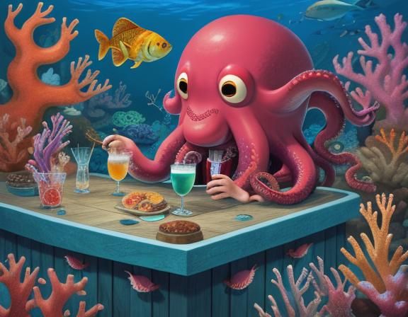 Anthropomorphic Octopus Bartender at Coral Reef Bar