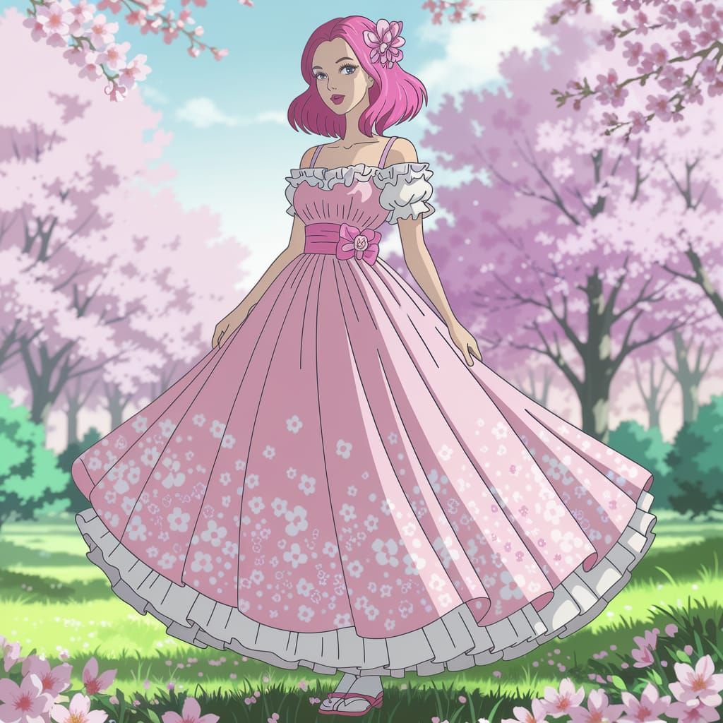 Woman with Pink Hair in Japanese Park, Anime Style