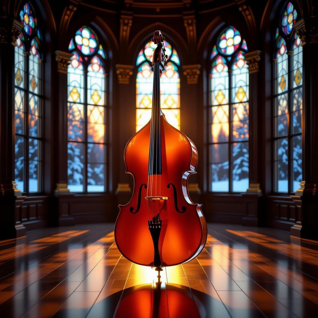 Ornate Glass Double Bass in Majestic Concert Hall at Sunset