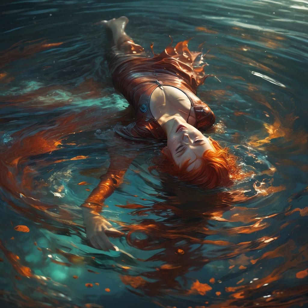 Redhead Girl Diving in Lake: Vibrant Oil Painting