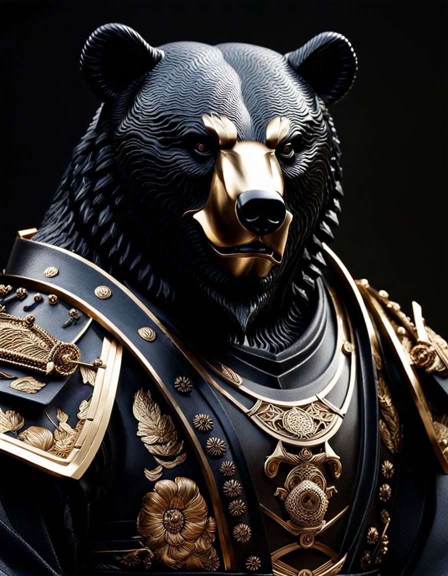 Demonized Bear Samurai Portrait in Detailed Mixed Media