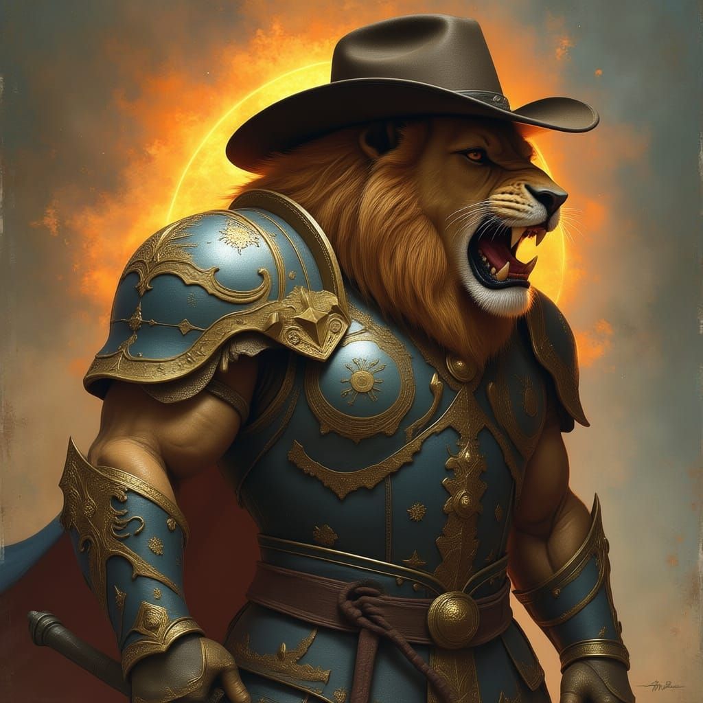 Fierce Lion in Battle Armor Roaring