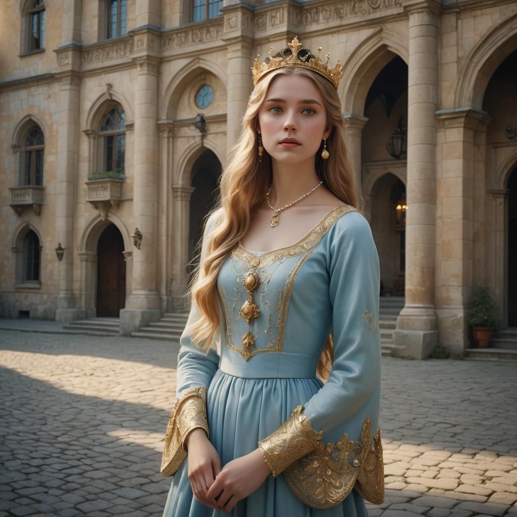 Princess in Castle Courtyard: Fantasy Matte Painting