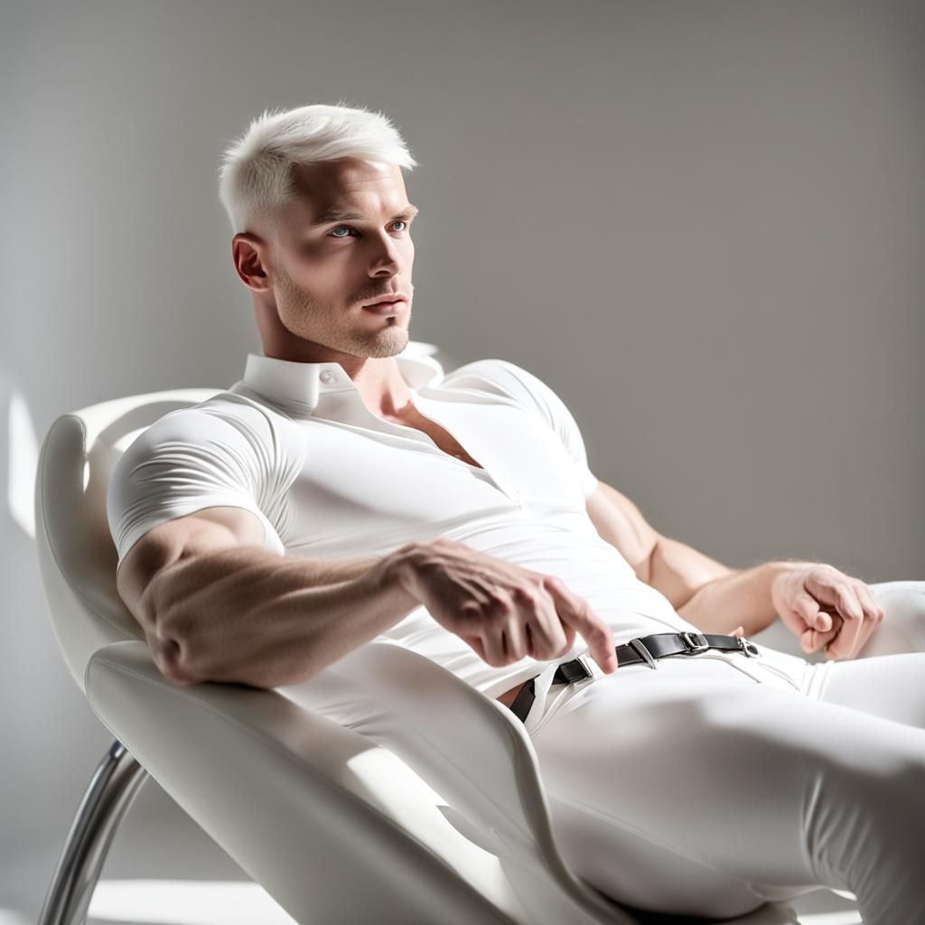 Pale Muscular Man in White Latex Underwear