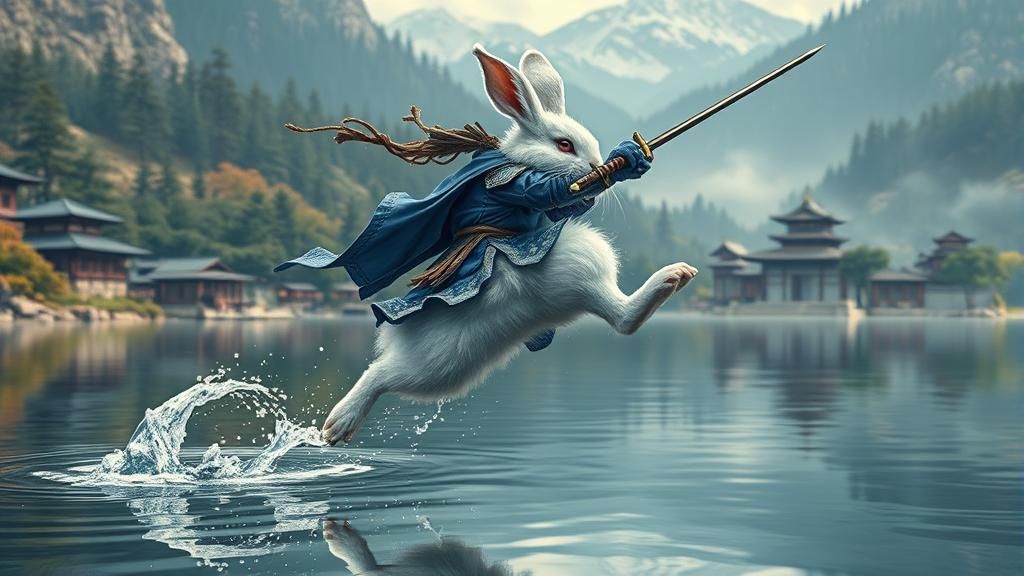 Samurai Bunny Tiptoes on Lake in Detailed Illustration