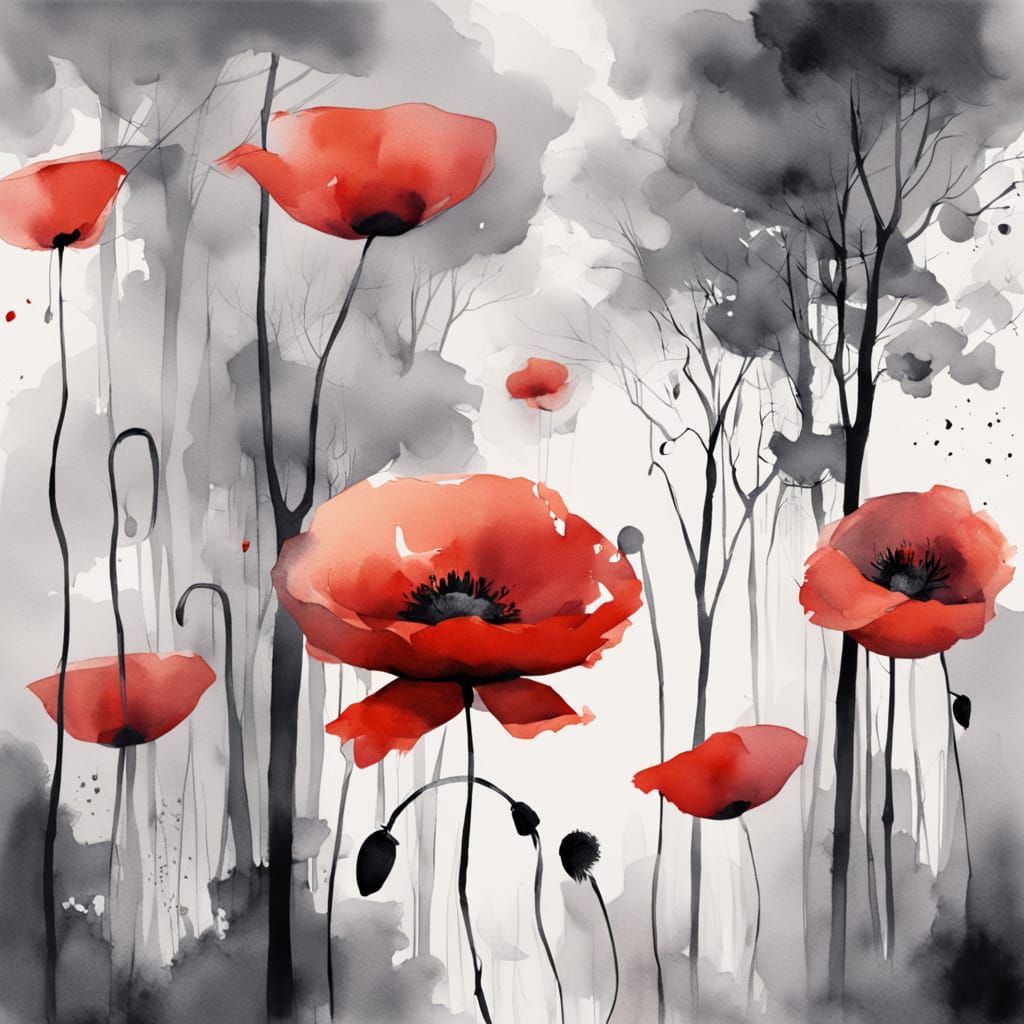 Dreamy Watercolor Poppies in Misty Forest