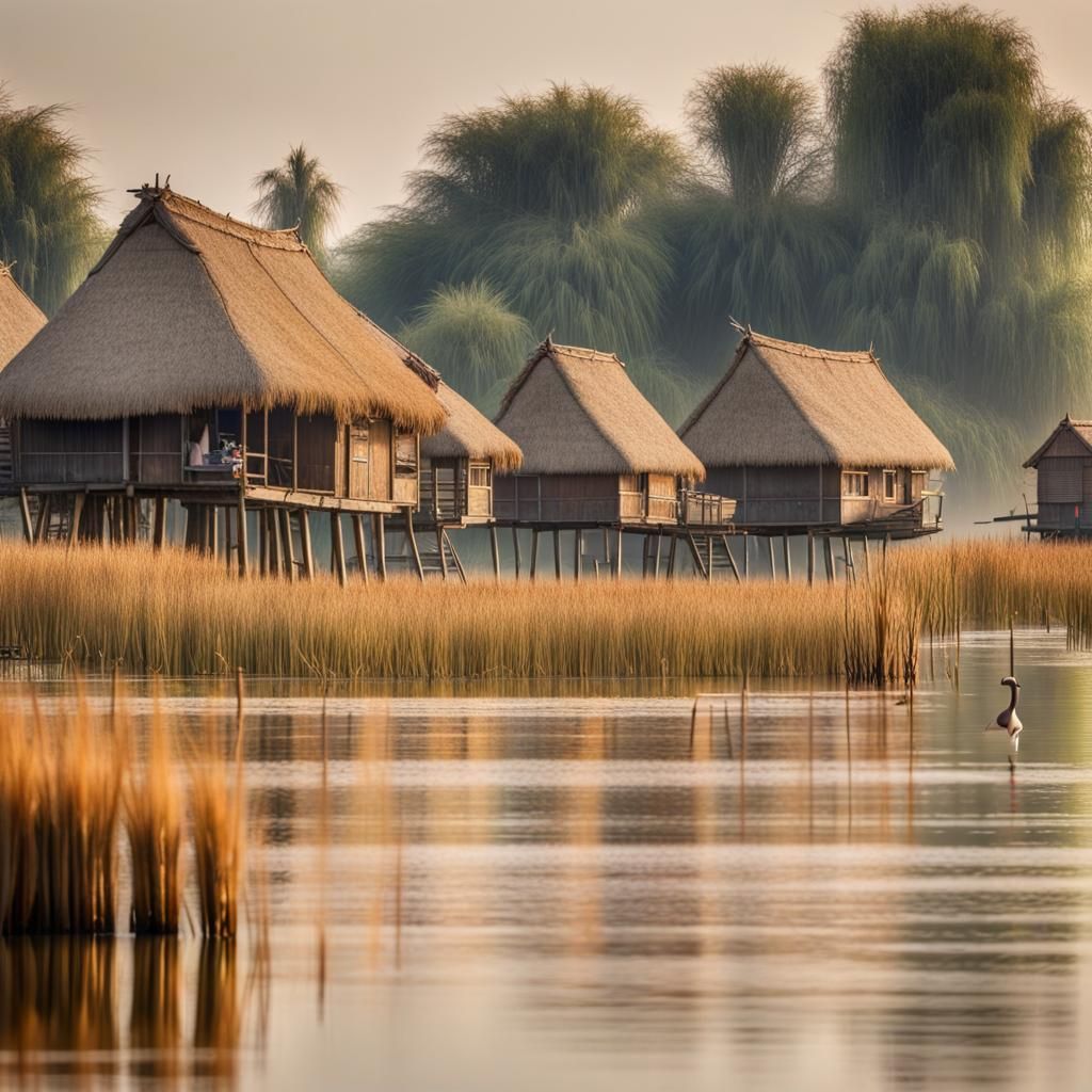 Picturesque Thatched Stilt Houses on Wide Lake