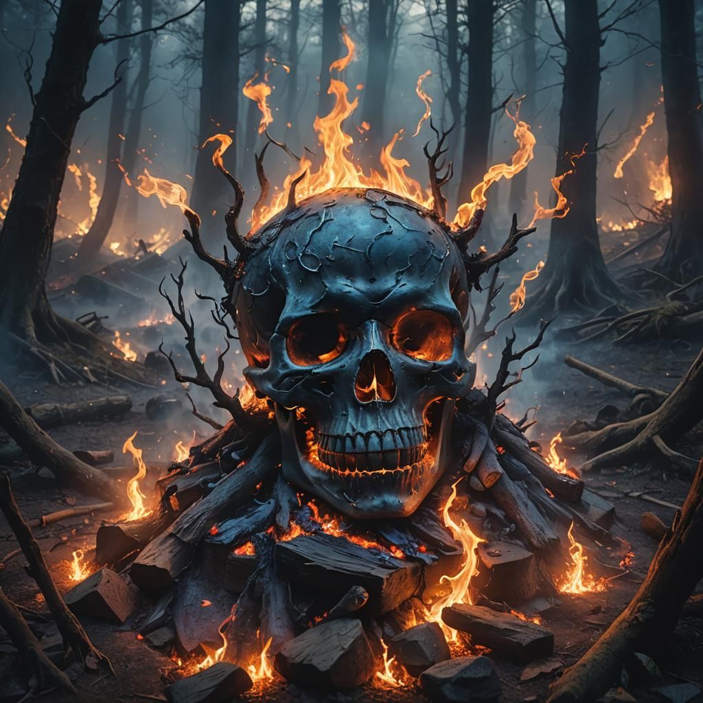 Eerie Skull Faces Swirling Around Forest Fire Pit