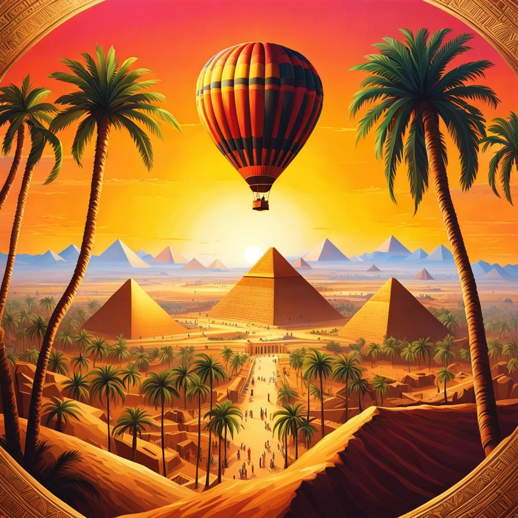 Victorian Explorers in Hot Air Balloon over Egypt