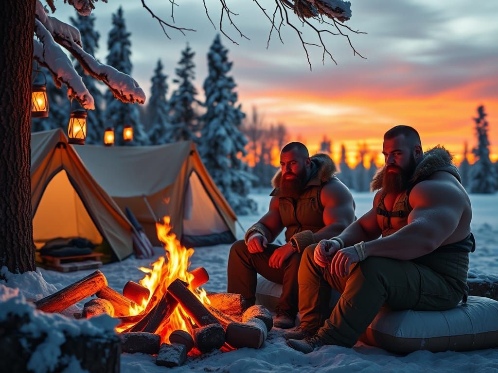 Muscular Men Enjoy Winter Camping by the Campfire