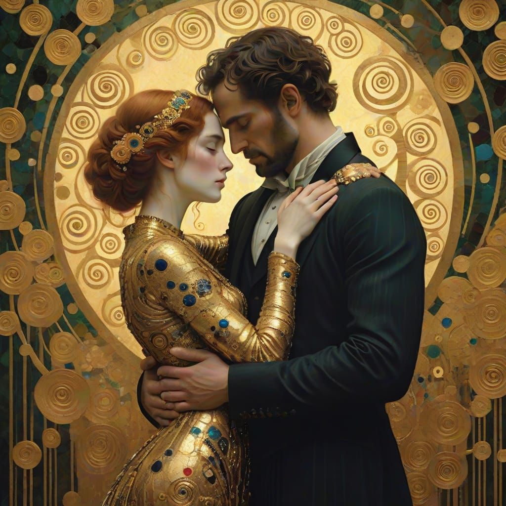Gustav Klimt-Inspired Lovers in Opulent Digital Painting