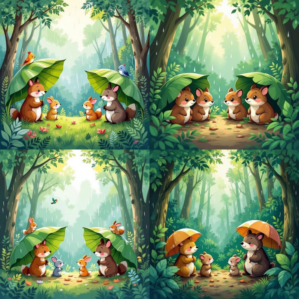 Rainy Forest Scene with Animals Sheltering