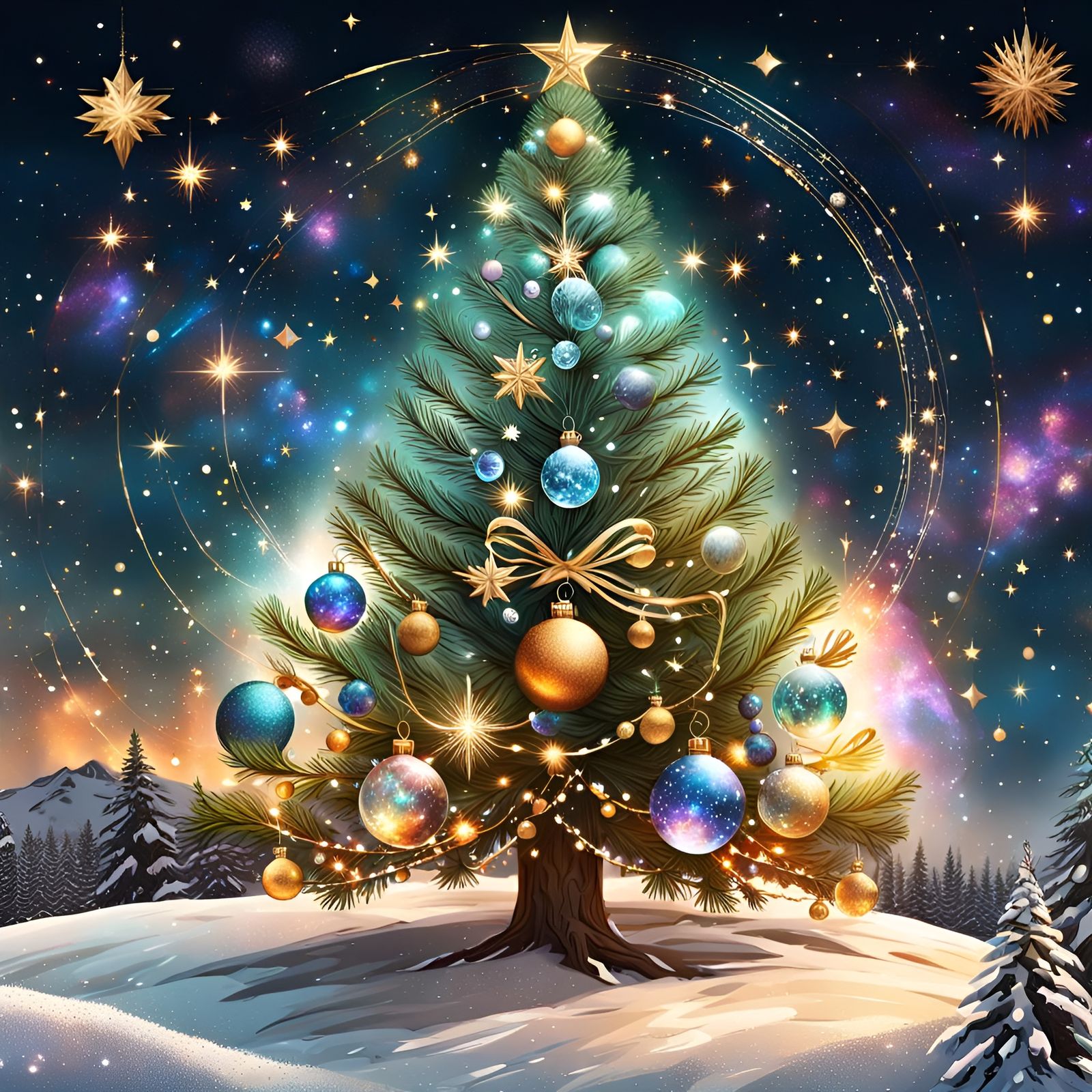 The Cosmic Christmas Tree ornated with planets, stars and galaxies