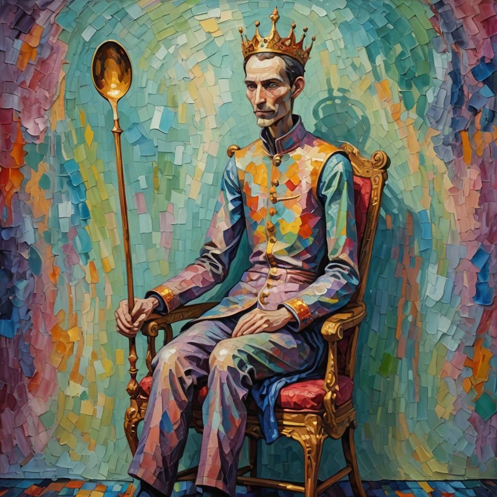Slender Figure on Throne with Spoon, Impasto Painting