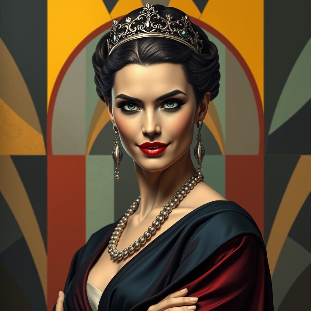 Regal Woman with Enigmatic Smile, in Elegant Art Deco Style