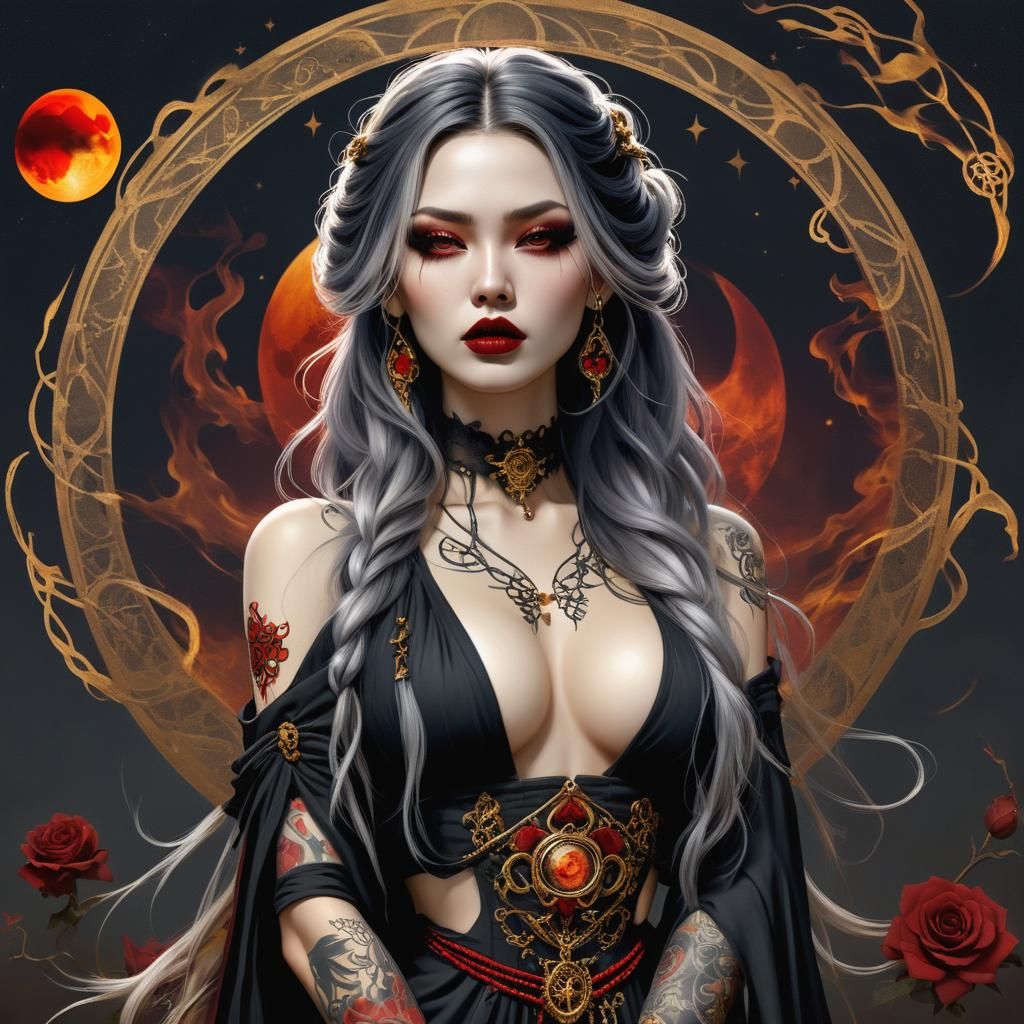 Gothic Goddess with Tattoos and Red Moon