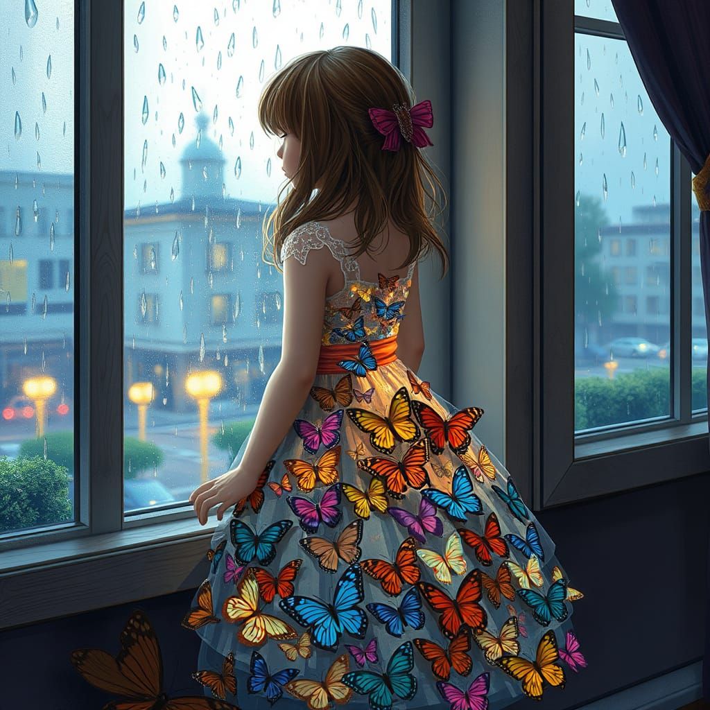 Girl Contemplates Rainy Day Through Window in Whimsical Fash...