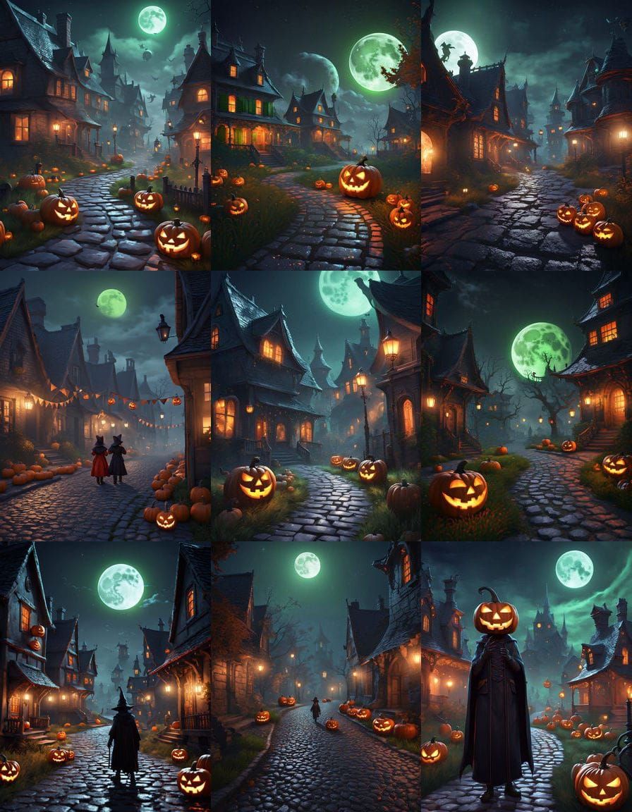 Eerie Halloween Street Scene with Haunted Houses