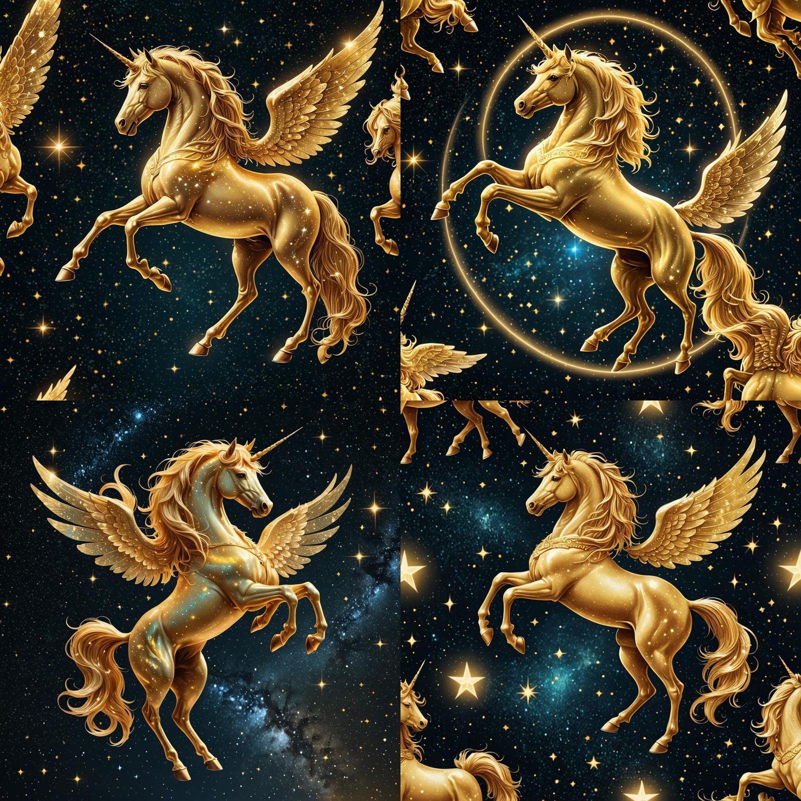 Hologram of a winged unicorn, translucent appearance, golden...